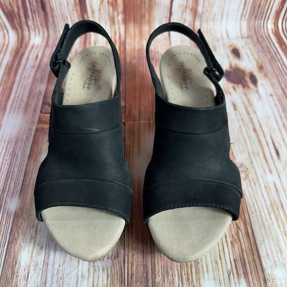 Clarks ANNADEL IVORY Size 8 Black Suede Cork Wedge Heel Sandals Open Toe Shoes - Picture 3 of 10